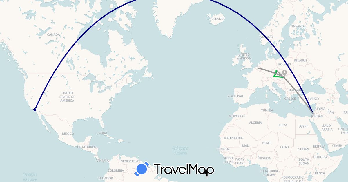 TravelMap itinerary: driving, bus, plane in Austria, Belgium, Czech Republic, Hungary, Israel, United States (Asia, Europe, North America)